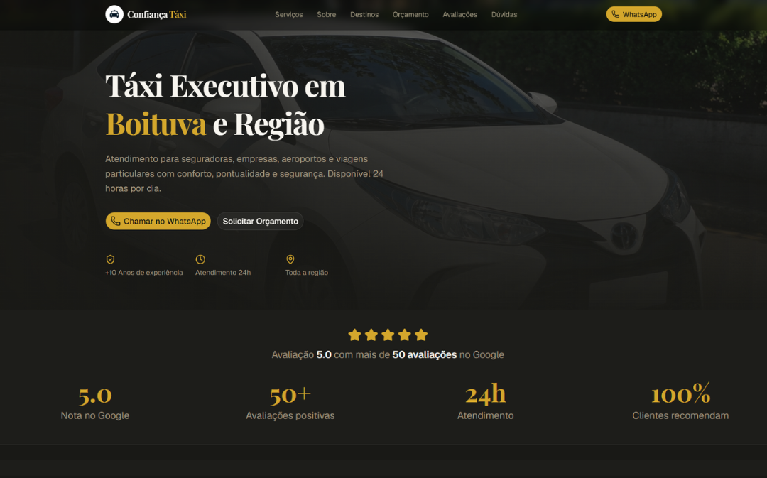 Confiança Taxi - Site de taxistas com foco em SEO local para alcançar novos leads e aparecer em buscas de taxi na região de Boituva.