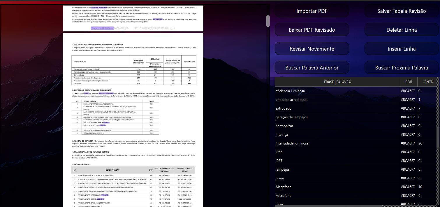 PDF Reader - Automação que aplica OCR para PDFs, além de buscar e marcar palavras automaticamente de um banco de dados escolhido pelo cliente.